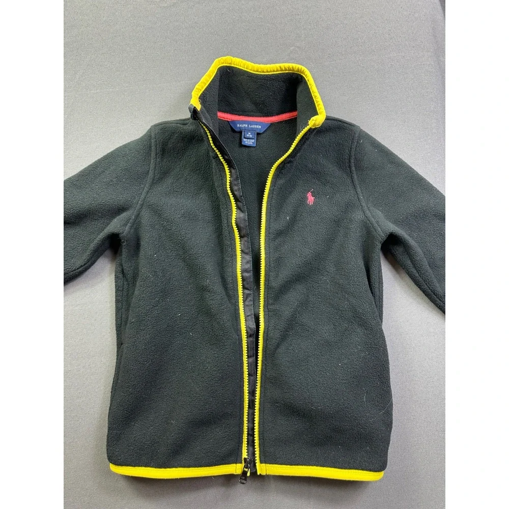 Ralph Lauren Kids Fleece Jacket Grey Neon Yellow Full Zip Pony Logo Size M 8-10